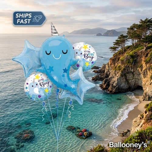 Welcome Baby Boy Narwhal Balloon Bouquet Set (5-Piece) - Officially Licensed Anagram Welcome Baby Boy Narwhal Balloon Bouquet Set (5-Piece) - Officially Licensed Anagram