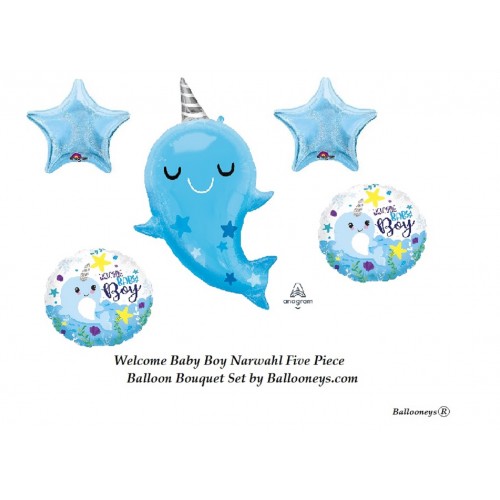 30 inch Jumbo Narwhal Welcome Baby Boy & Stars Balloon Bunch