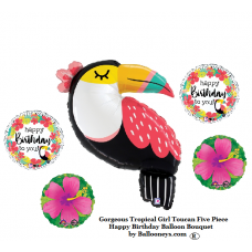 Beautiful Tropical Toucan Girl Happy Birthday Five Piece Balloon Bouquet Parrot Luau Party Hawaiian Party Tropical Party supplies