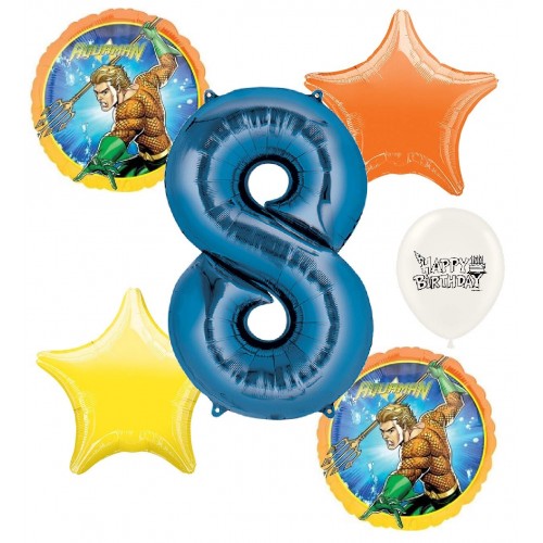 Aquaman 8th Happy Birthday Number 8 Megaloon Ocean Sea Adventure Boys and Girls Balloon Bundle Party Supplies and Decorations