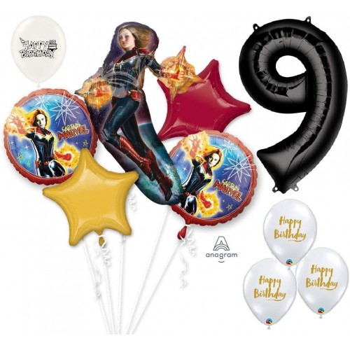 Avengers Captain Marvel Ultimate Avengers 9th Birthday Party Event Bouquet of Balloons Decorations Ninth 9 By the Numbers