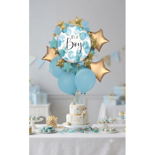 It's a Boy" Baby Shower Balloon Bouquet with Gold Stars & Teal Accents