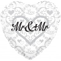 Mr. and Mr. Damask Heart Love Wedding  Celebration Silver and White Mylar Balloon Party Supplies