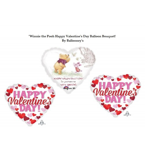 Winnie the Pooh and Piglet  3 piece Happy Valentine's Day Your so special heart shaped foil balloon bouquet