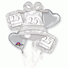 25th Silver Anniversary Five Piece Mylar Balloon Bouquet Set