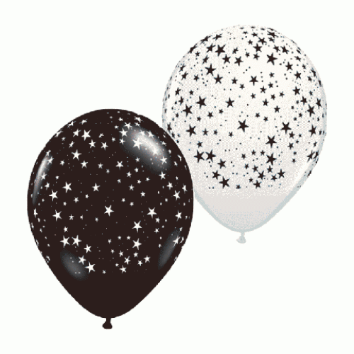 Stars Around 11 inch Black and White Latex Balloons